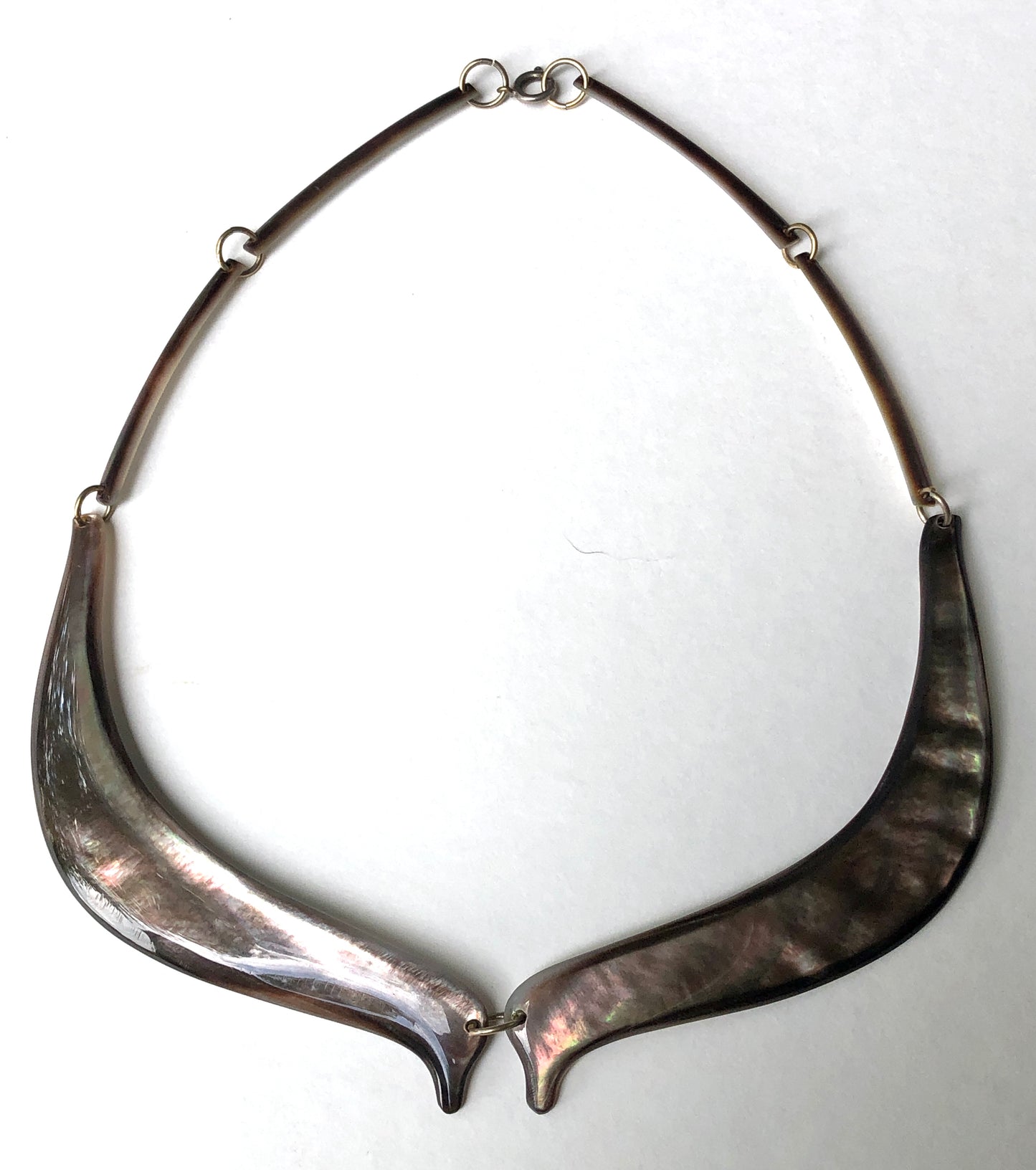 Vintage 2Pc Iridescent Mother of Pearl Split Bib Collar Necklace with Matching Drop Earrings