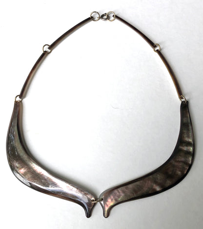 Vintage 2Pc Iridescent Mother of Pearl Split Bib Collar Necklace with Matching Drop Earrings