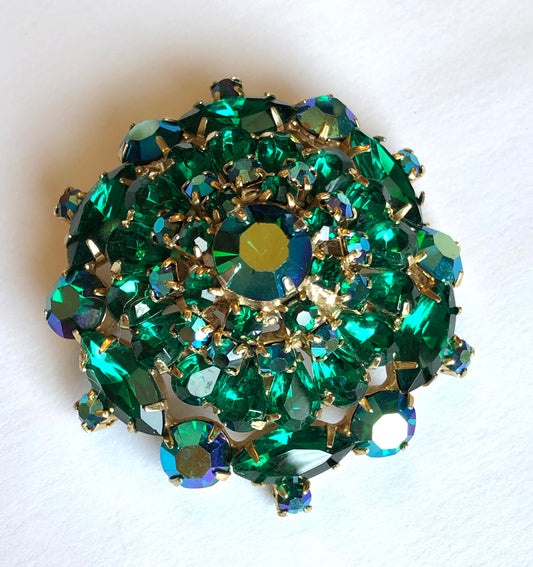 Mid Century Emerald Green Multi Cut Rhinestone Dome Shaped Cocktail Brooch
