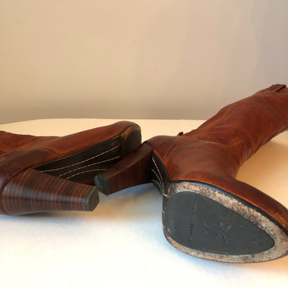 Pre-Owned Frye Miranda Tall Cognac Distressed Leather Pull On High Heel Boots, Size 8.5