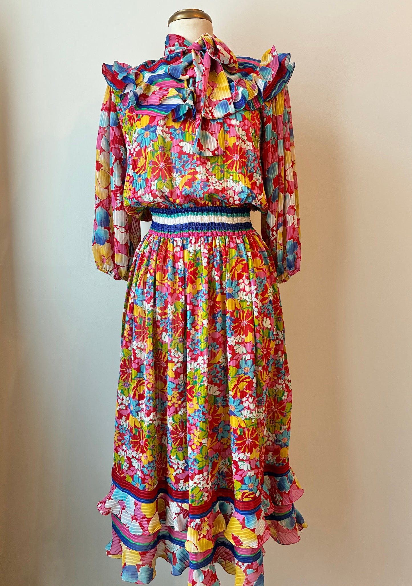 1980’s Diane Freis Ruffled Floral on Stripe Sheer Dress, Size Medium
