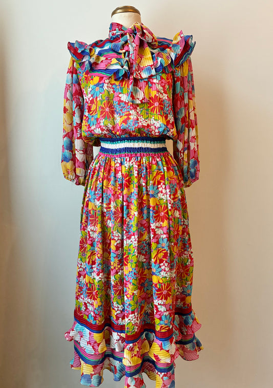 1980’s Diane Freis Ruffled Floral on Stripe Sheer Dress, Size Medium