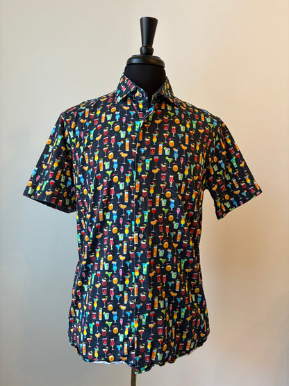 Men’s 7 Downie St. London Couture Summer Cocktail Print Short Sleeve Shirt, Size Medium