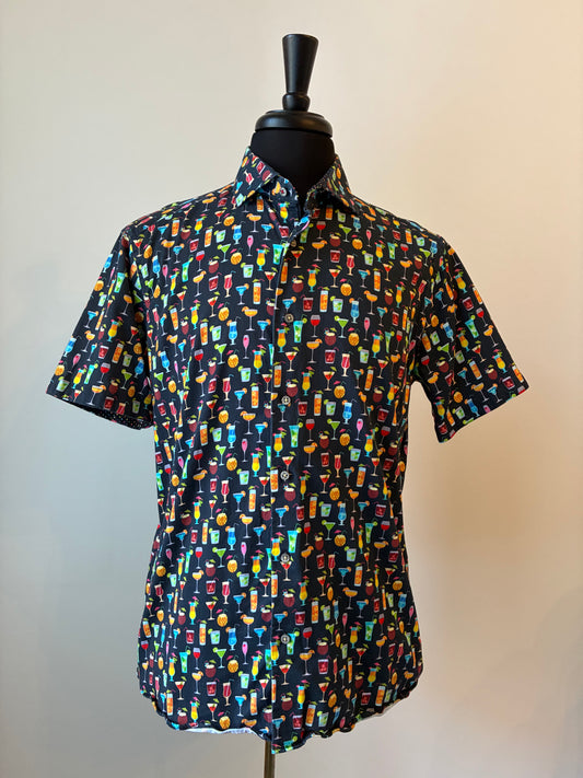 Men’s 7 Downie St. London Couture Summer Cocktail Print Short Sleeve Shirt, Size Medium