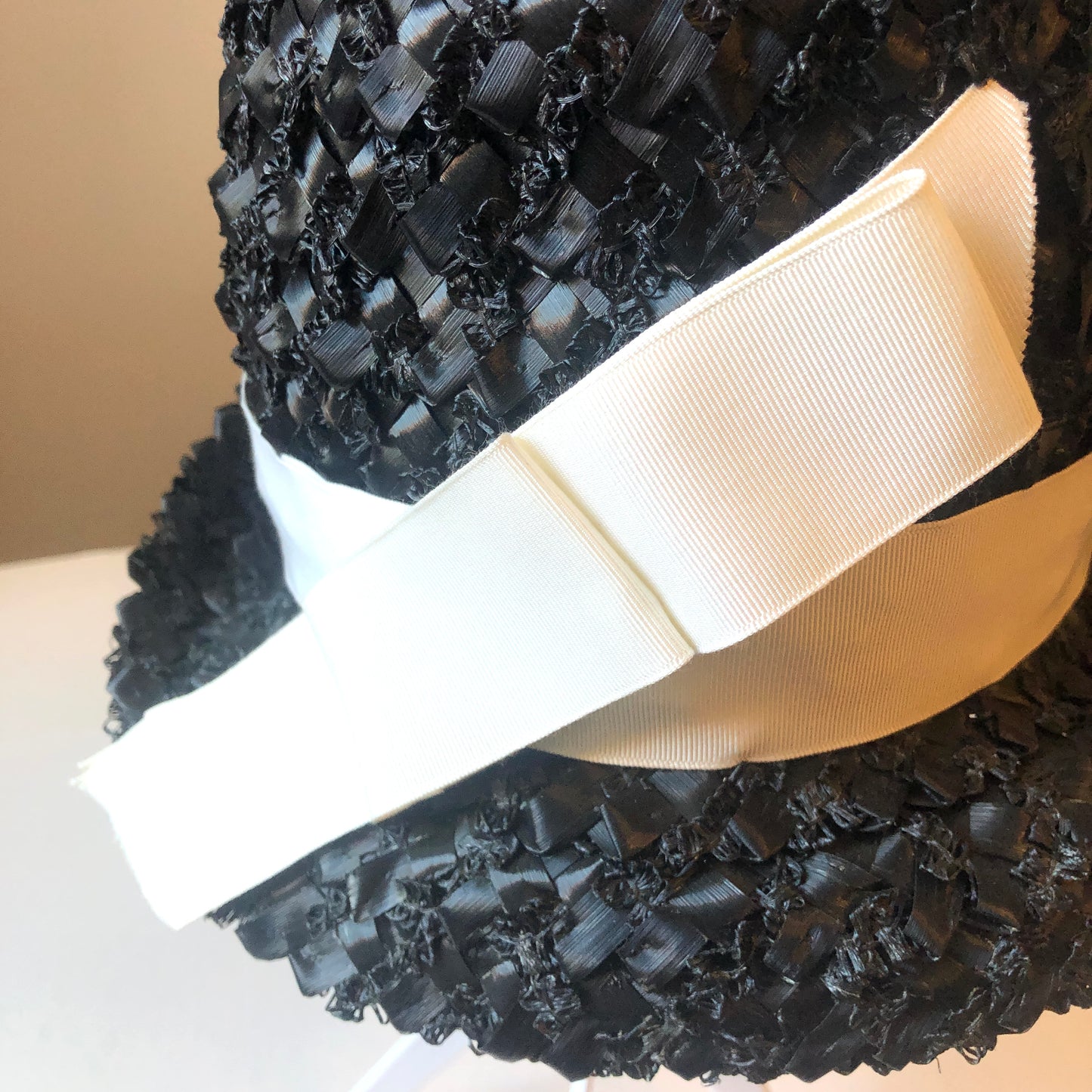 1960’s Betmar Black Straw Fedora with White Grosgrain Band & Bow, Size Small