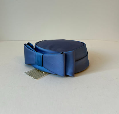 1950’s Blue Satin Pillbox Hat with Bow with Hat Box, Size Small