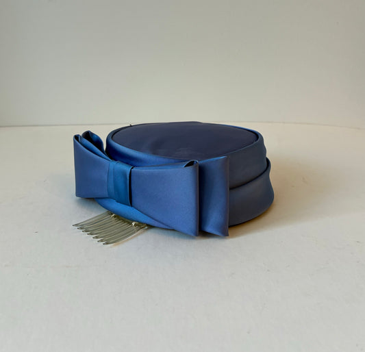 1950’s Blue Satin Pillbox Hat with Bow with Hat Box, Size Small