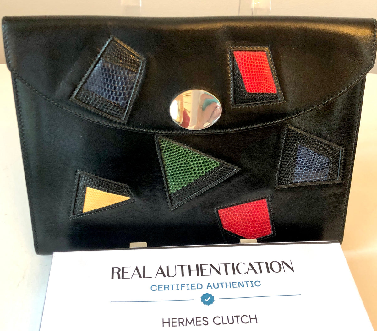 Pre-Owned Vintage 1980’s Hermès Leather and Lizard Block Pochette Rio Clutch Bag