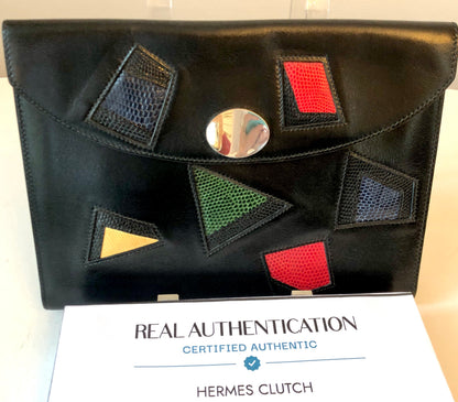 Pre-Owned Vintage 1980’s Hermès Leather and Lizard Block Pochette Rio Clutch Bag