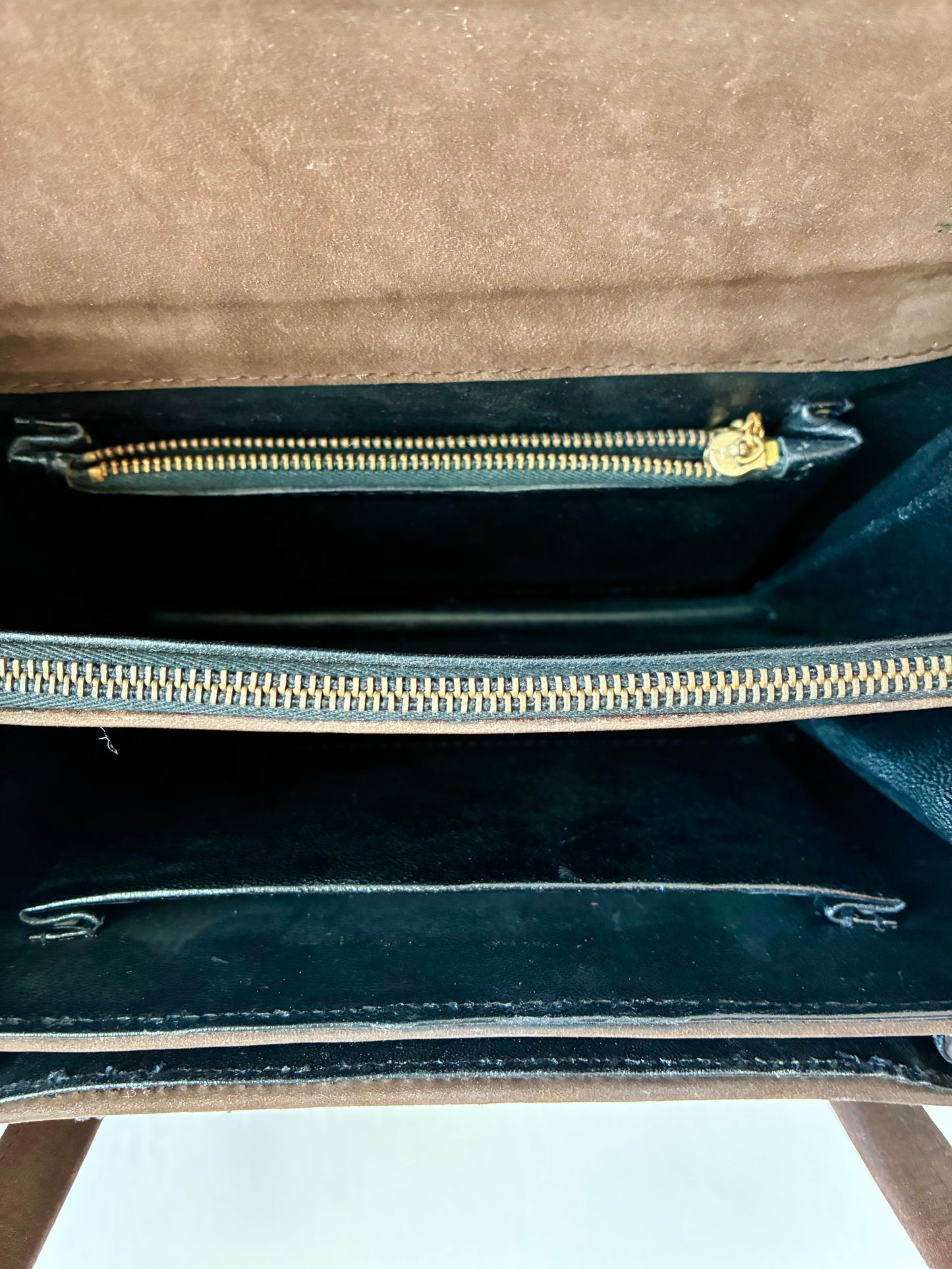1960’s Areito Brown Suede  & Gold-tone Accordion Double Handled Box Handbag