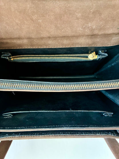 1960’s Areito Brown Suede  & Gold-tone Accordion Double Handled Box Handbag
