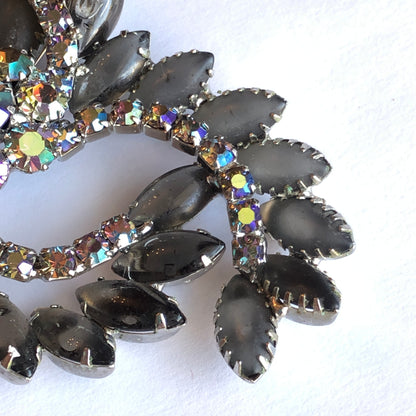 1950’s 3-Pc Smokey Glass Marquis Stone and Aurora Borealis Unsigned Juliana Style Cocktail Brooch and Clip Earring Set