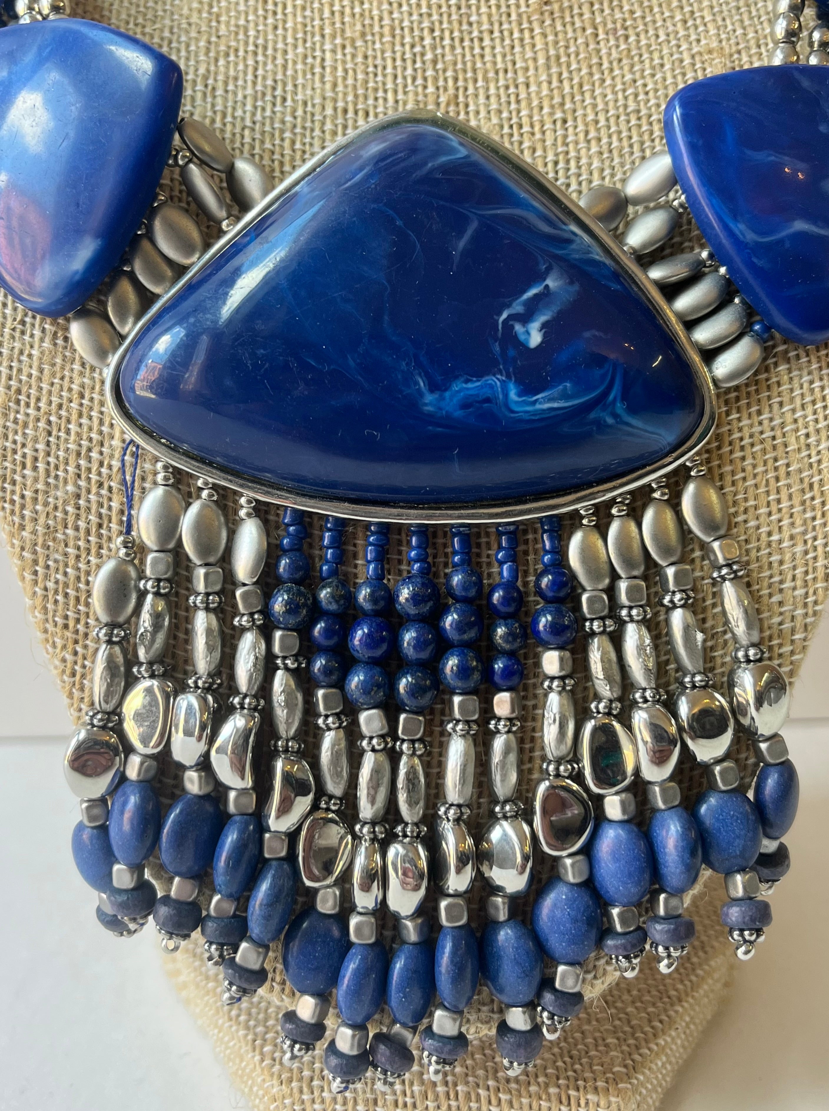 Chicos Blue Lucite & Metal Bead Dangle Necklace