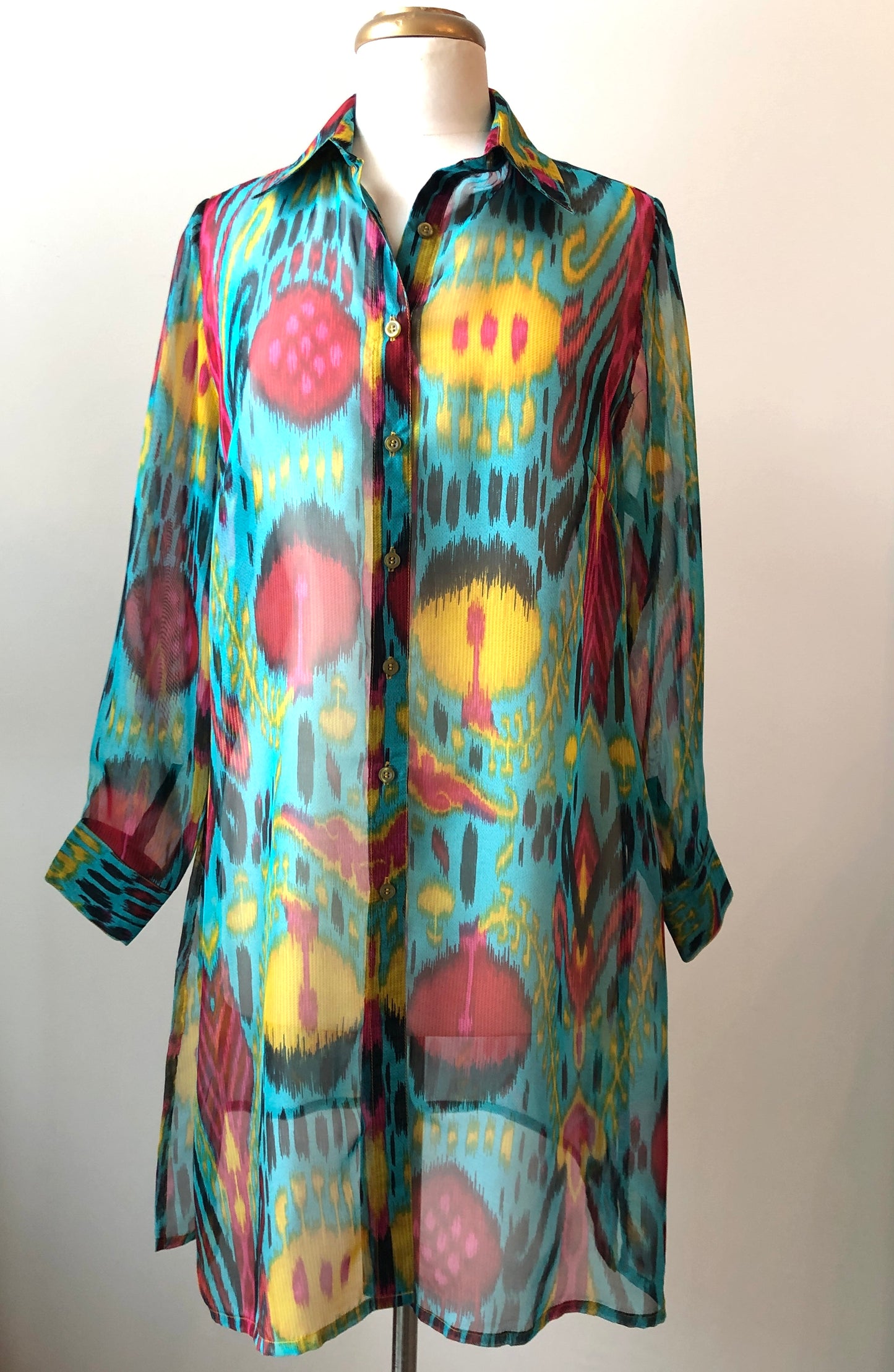 2PC Al Jazeera Tailoring Boho Sheer Tunic Blouse & Satin pant set, Size Medium - Large
