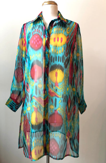 2PC Al Jazeera Tailoring Boho Sheer Tunic Blouse & Satin pant set, Size Medium - Large
