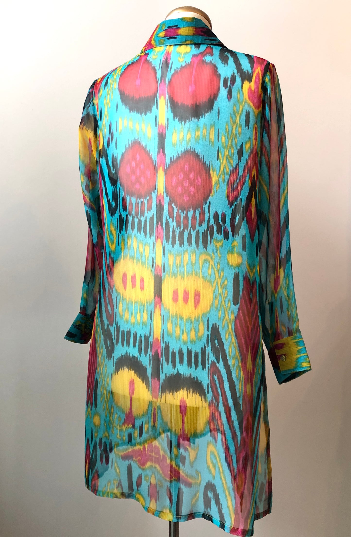 2PC Al Jazeera Tailoring Boho Sheer Tunic Blouse & Satin pant set, Size Medium - Large