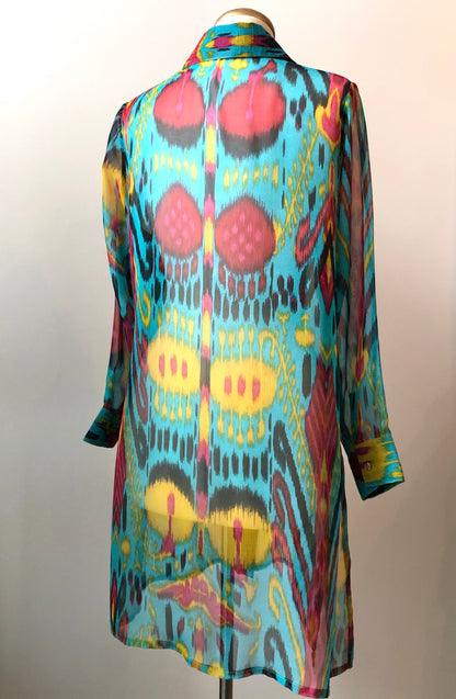 2PC Al Jazeera Tailoring Boho Sheer Tunic Blouse & Satin pant set, Size Medium - Large