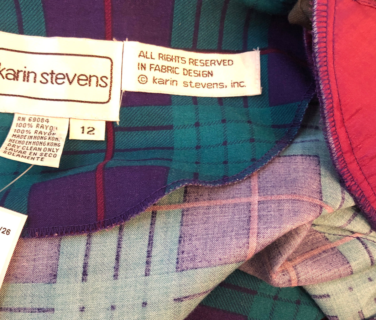 1980’s Deadstock Karin Stevens Plaid Rayon Fitted Shirt Dress with Belt, Size 12