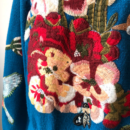 3-Shun Beaded Embroidered Bird, Snake, Floral Banded Sweater, Size Med-Large