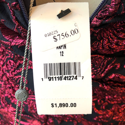 Pre-Owned NWT Lela Rose Navy & Pink Metallic Sunflower Jacquard Puff Sleeve Sheath Dress , Size 12