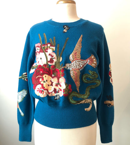 3-Shun Beaded Embroidered Bird, Snake, Floral Banded Sweater, Size Med-Large