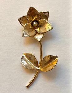 Vintage Carved Metal Flower on Stem Pin with Faux Pearl Center