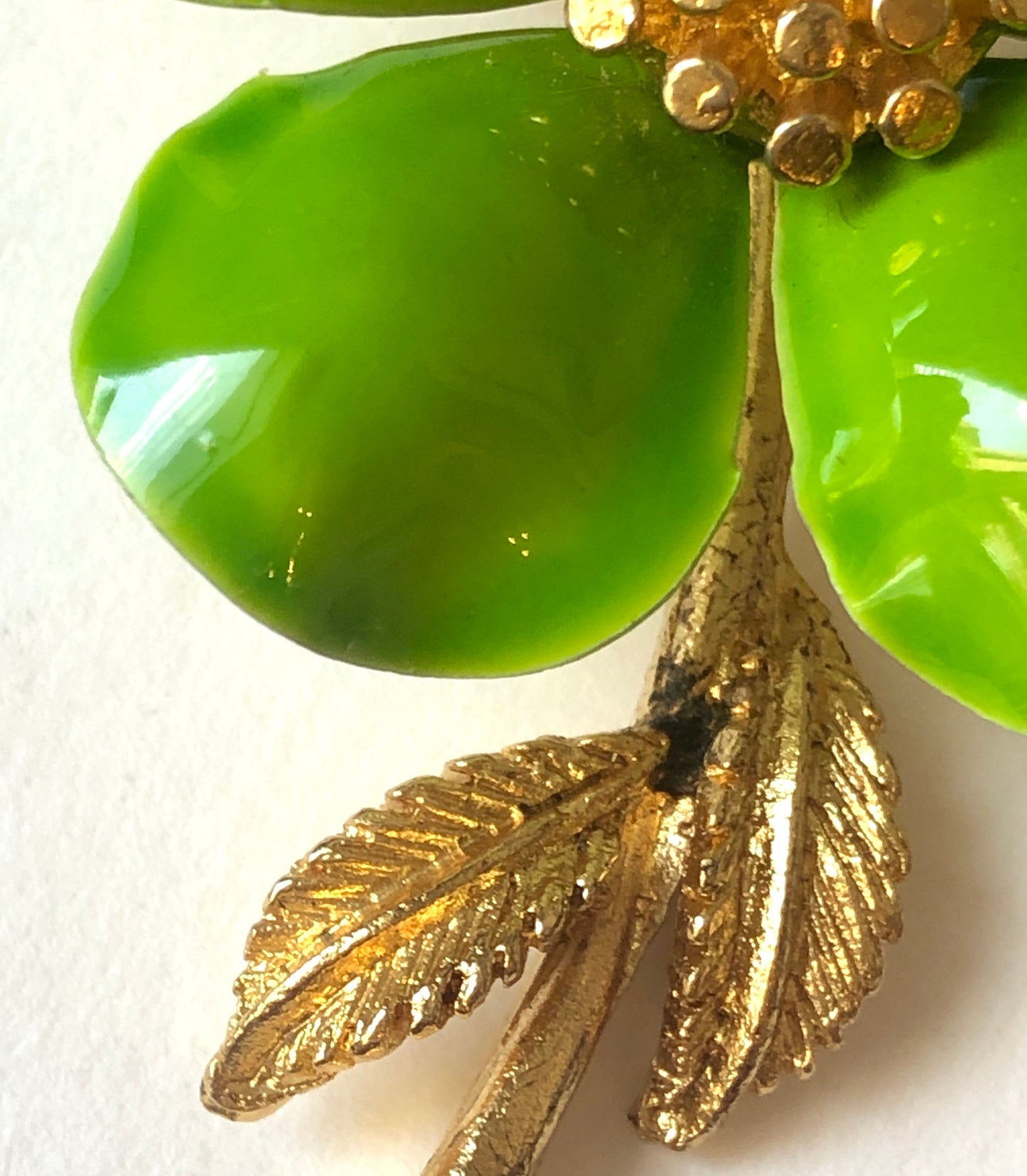 Mid Century Lime Green Enamel on Metal Floral Brooch & Clip Earring Set