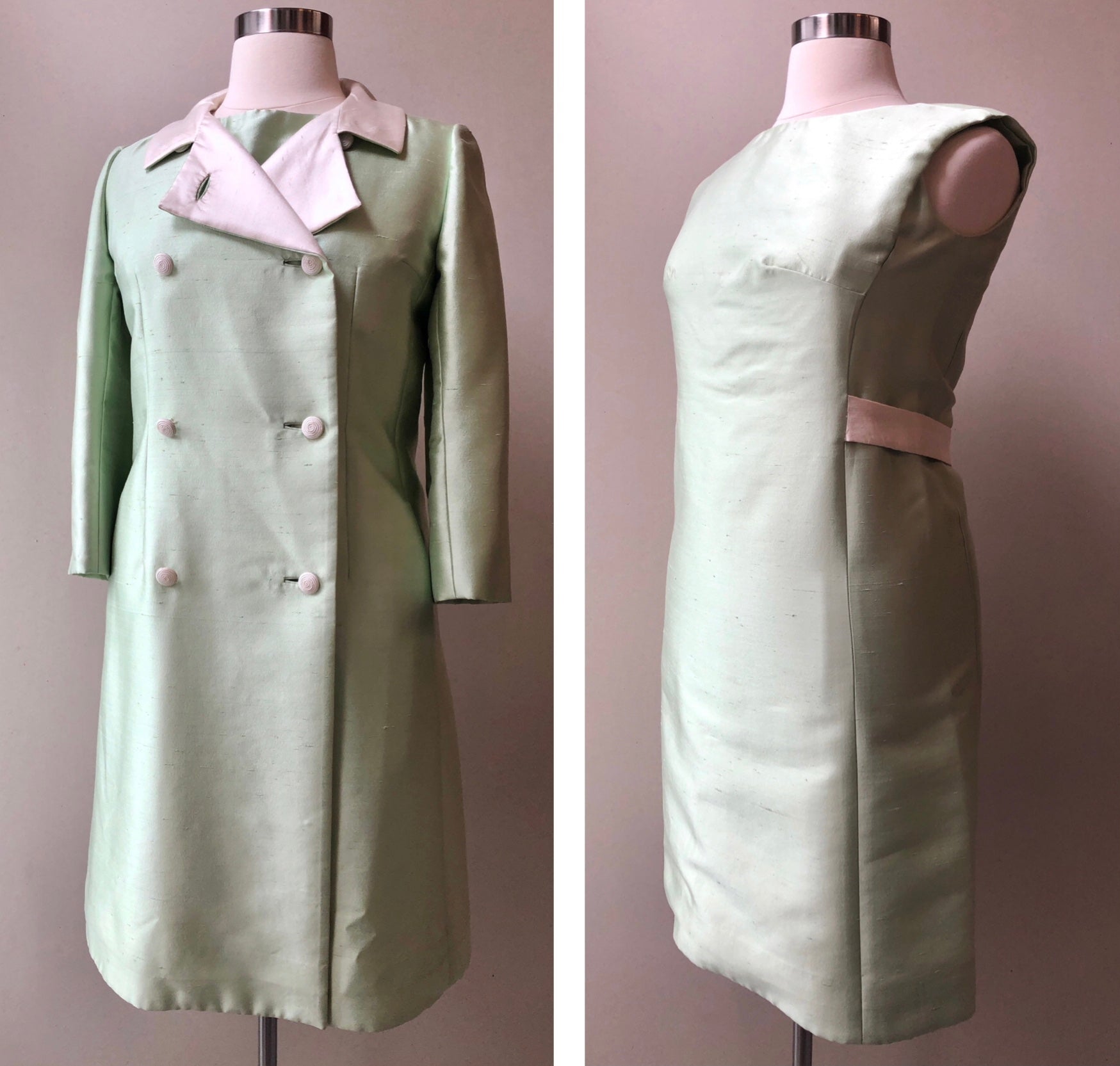 1960’s 2pc Celery & Ivory Silk Textured Coat and Dress Set, Size Large (12/14)