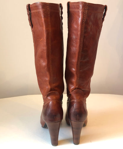 Pre-Owned Frye Miranda Tall Cognac Distressed Leather Pull On High Heel Boots, Size 8.5