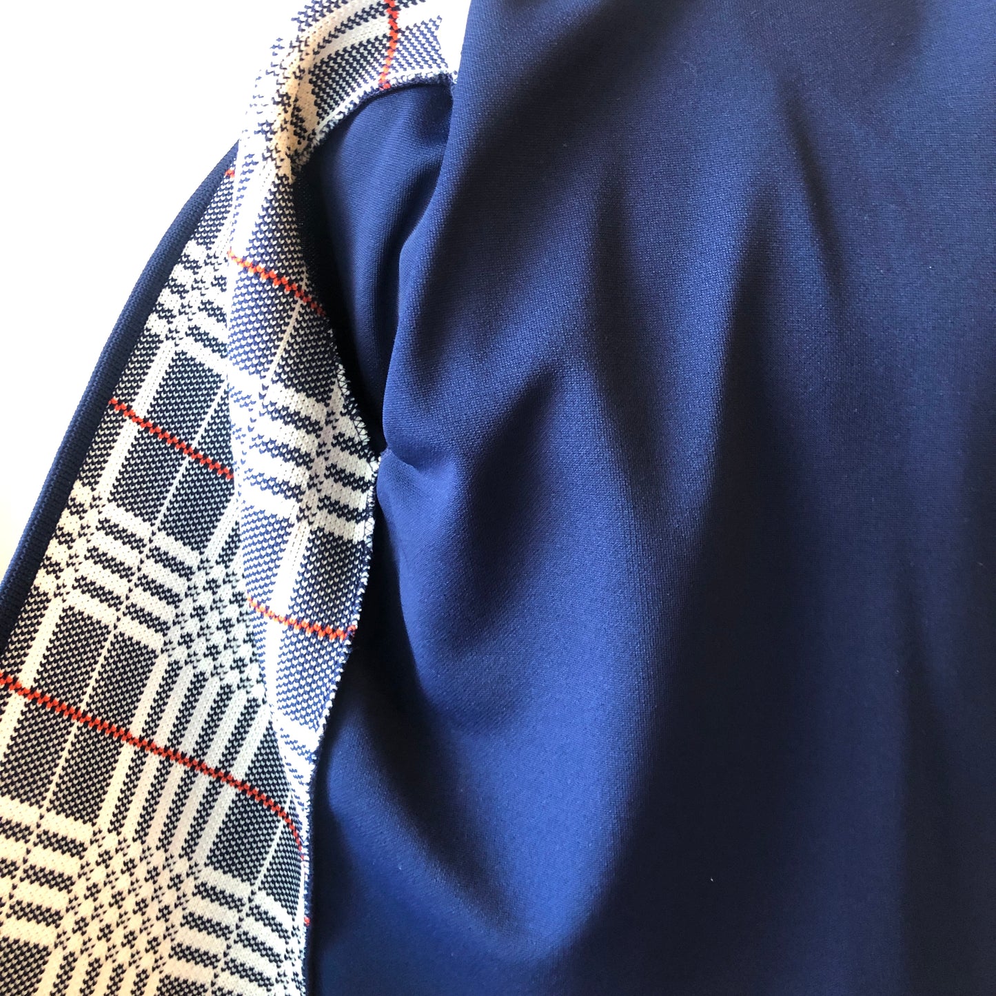 1960’s Polyester Plaid Knit Open Cardigan with Striped Angled Neck Scarf Set, Size Medium