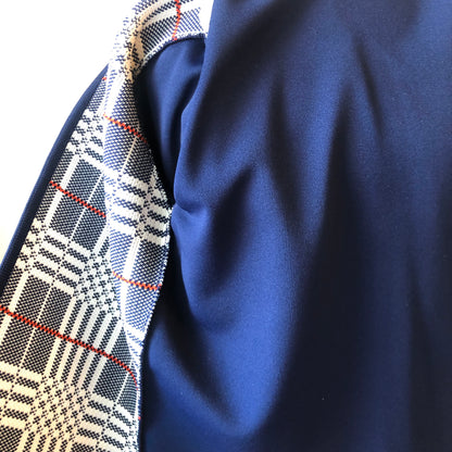 1960’s Polyester Plaid Knit Open Cardigan with Striped Angled Neck Scarf Set, Size Medium