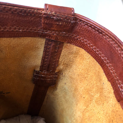 Pre-Owned Frye Miranda Tall Cognac Distressed Leather Pull On High Heel Boots, Size 8.5