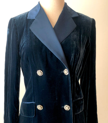 Vintage Bloomingdale’s Deep Navy Velvet, Satin, & Rhinestone Evening Blazer, Size Small P (4/6)