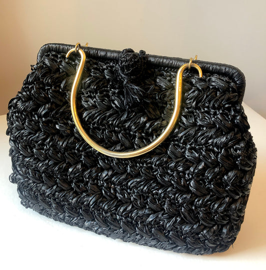 50/60’s Ritter Italian Made Raffia Handbag With Gold-tone Handles