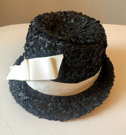 1960’s Betmar Black Straw Fedora with White Grosgrain Band & Bow, Size Small