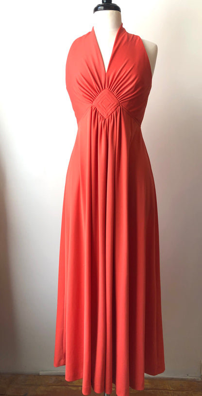 1970’s Goddess Style Poly knit Halter Maxi Dress, Size Medium (8)