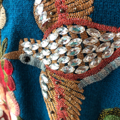 3-Shun Beaded Embroidered Bird, Snake, Floral Banded Sweater, Size Med-Large