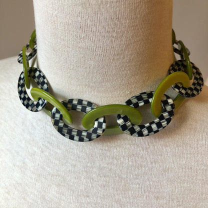 Pre-Owned Mackenzie Childs Green & Black Checkered Lucite Tulip Liaison Necklace, 16”