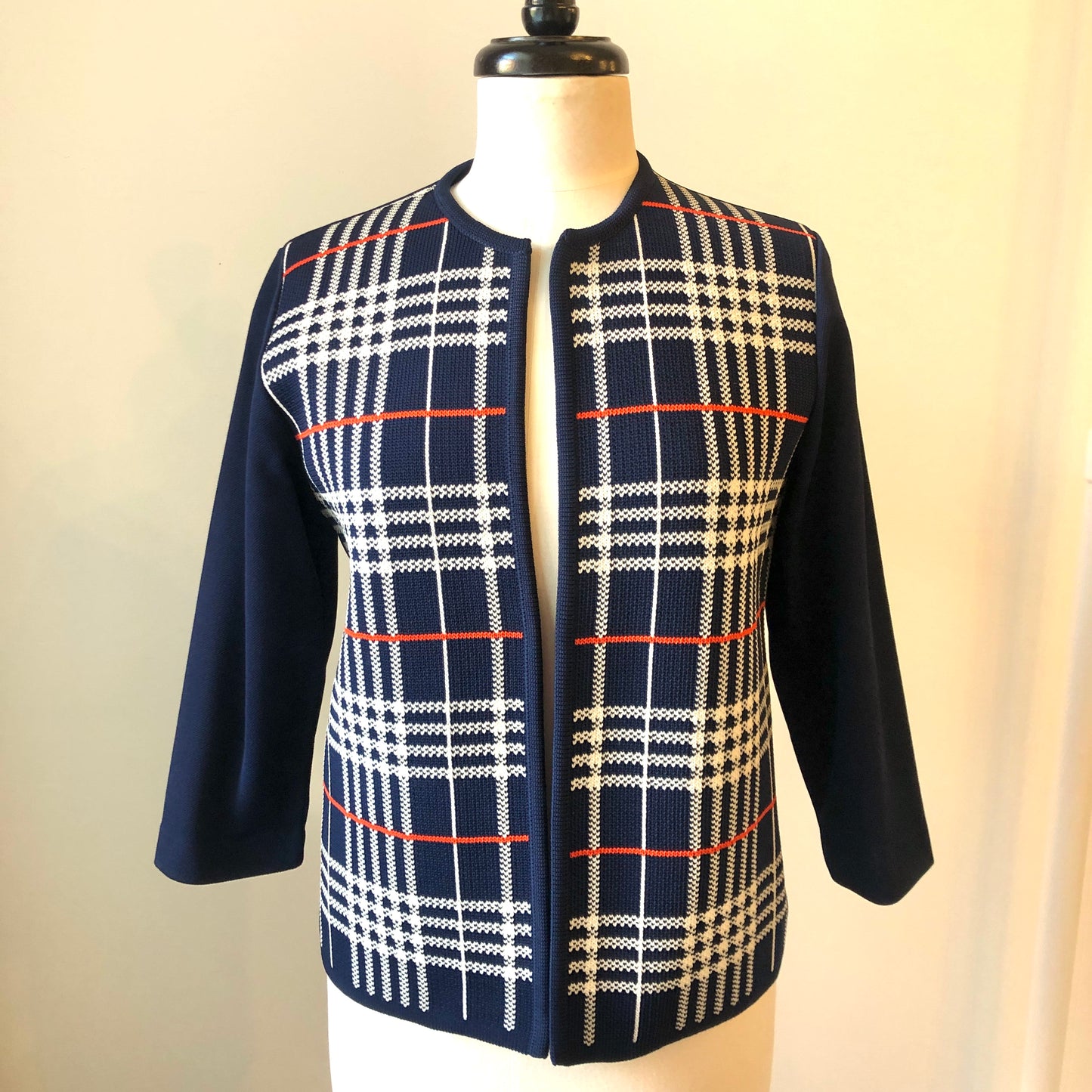 1960’s Polyester Plaid Knit Open Cardigan with Striped Angled Neck Scarf Set, Size Medium
