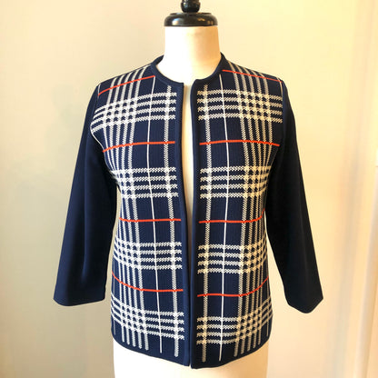 1960’s Polyester Plaid Knit Open Cardigan with Striped Angled Neck Scarf Set, Size Medium
