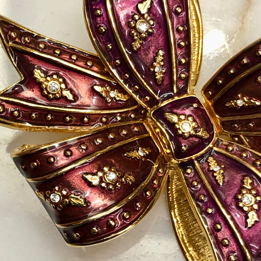 Vintage Signed Joan Rivers Enamel on Carved Metal Ribbon Brooch