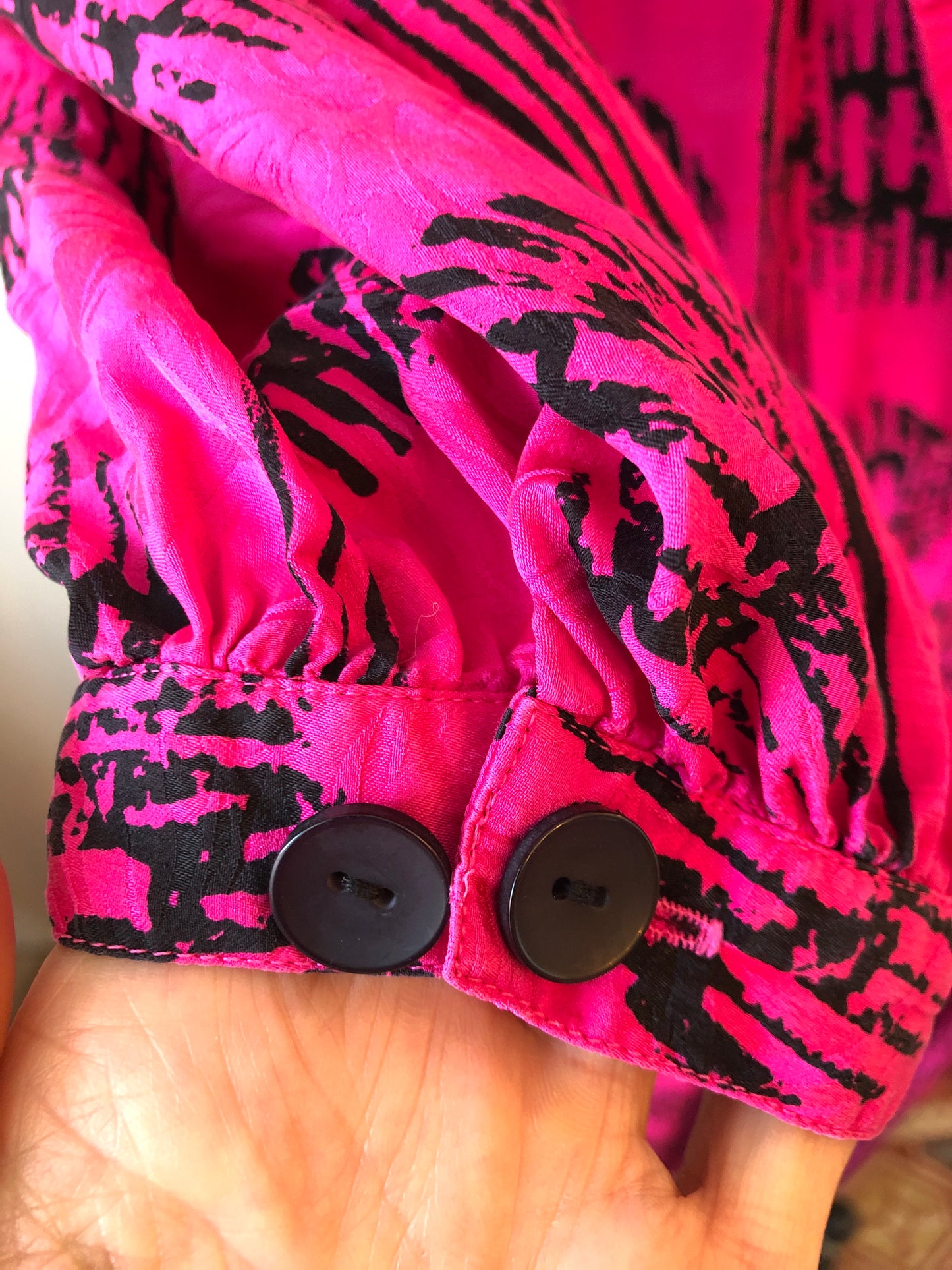 1980’s Adrianna Papell Fuschia 100% Silk Jacquard & Black Abstract Print Shirt Dress, Size 14