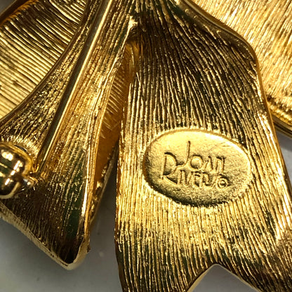 Vintage Signed Joan Rivers Enamel on Carved Metal Ribbon Brooch