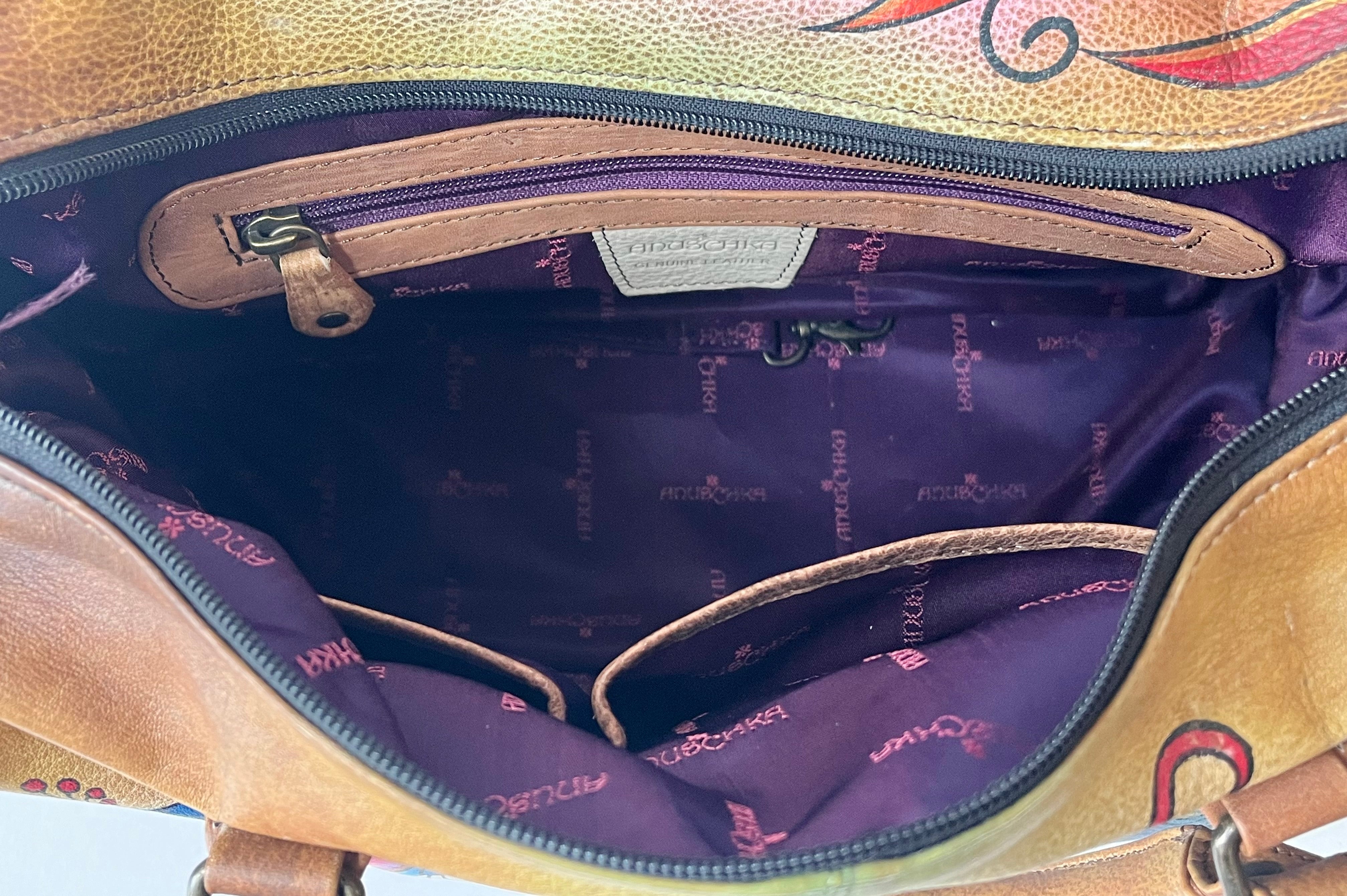 Pre-Owned 3 pc Anuschka Hand Painted Genuine Leather Satchel Handbag