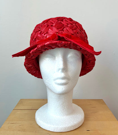 1960’s Woven Straw Cloche Hat with Velvet Band and Bow, Size Small-Med