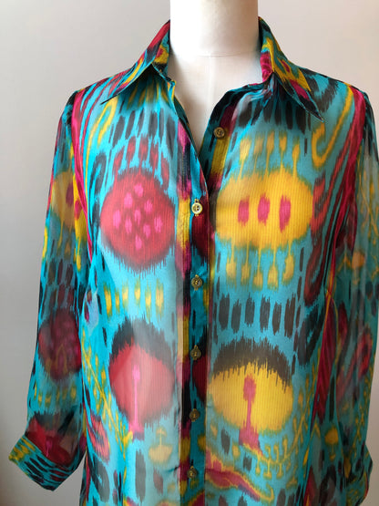 2PC Al Jazeera Tailoring Boho Sheer Tunic Blouse & Satin pant set, Size Medium - Large