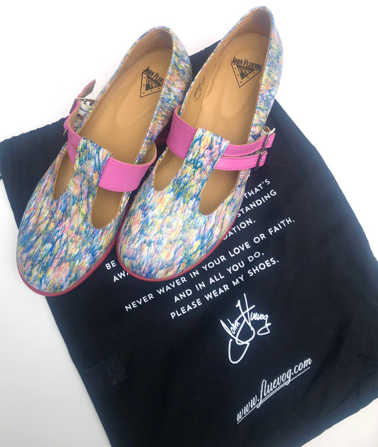 Pre-Owned, Never Worn, John Fluevog Devoted Pink/Multi Colored Double T-Strap Heeled Shoes, Size 8