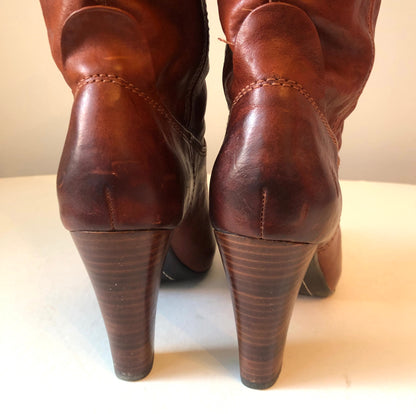 Pre-Owned Frye Miranda Tall Cognac Distressed Leather Pull On High Heel Boots, Size 8.5