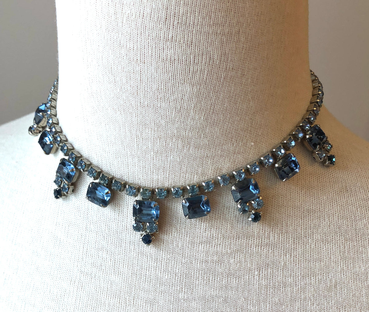 1950’s Blue Emerald and Round Cut Rhinestone Choker Necklace, 15”