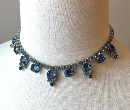 1950’s Blue Emerald and Round Cut Rhinestone Choker Necklace, 15”
